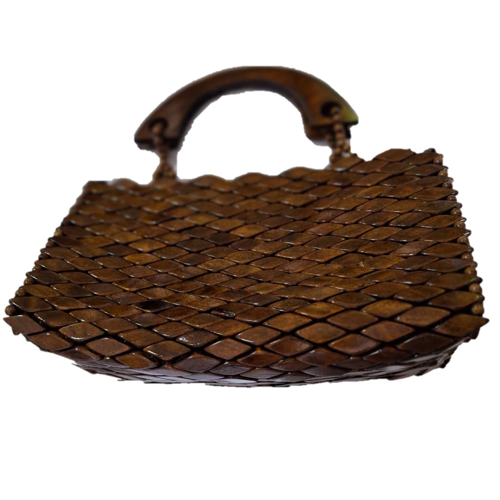 Bolsa Artesanal Peças Madeira Envernizada Marrom, Alça Curta