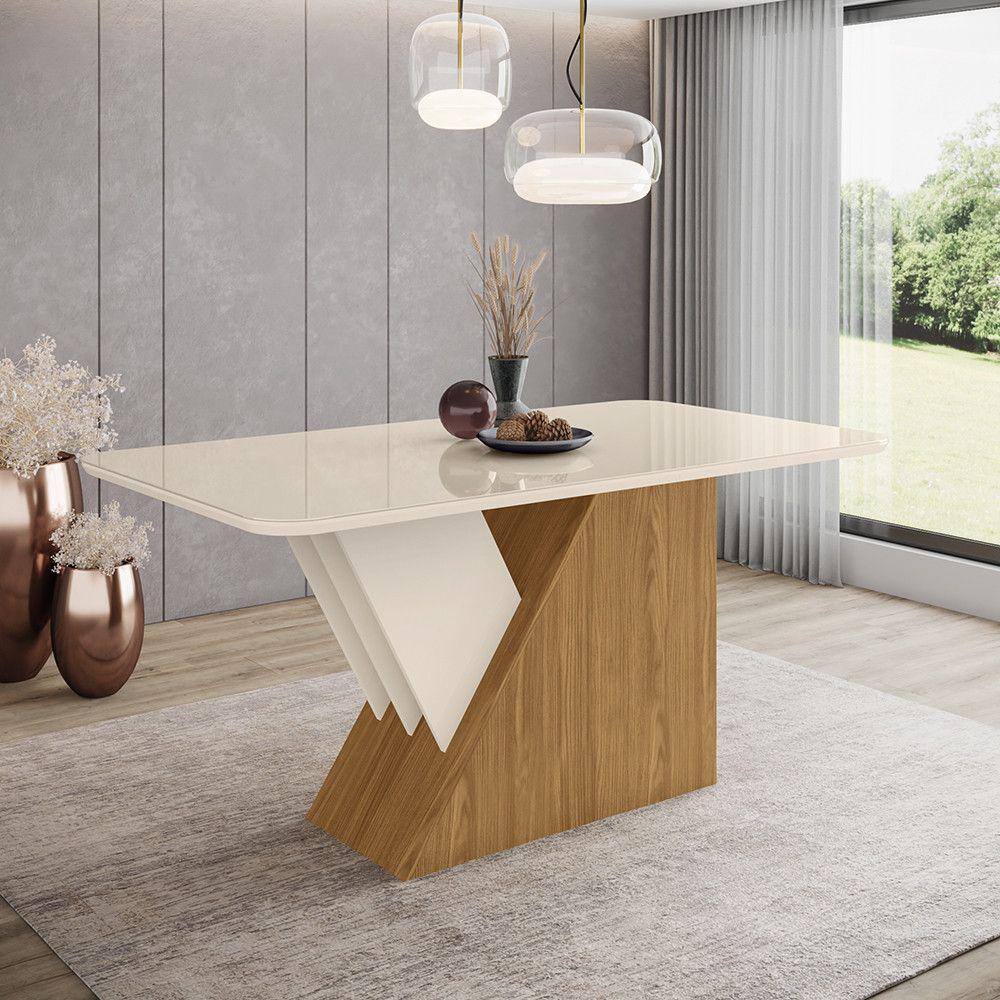 Mesa de Jantar com Tampo MDF/Vidro Canto Arredondado 160 cm Épic Henn