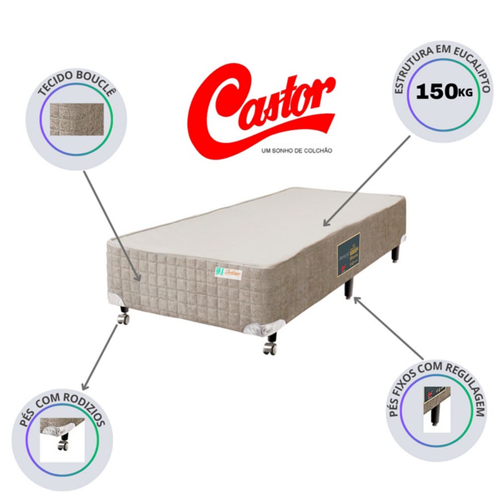 Base Box Castor Premium Bege Solteiro 88x188x40