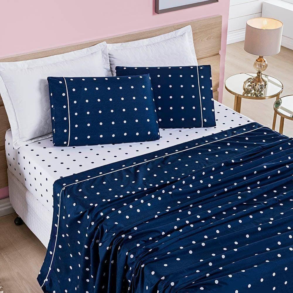 Jogo De Cama Lençol Celine Casal King 04 Peças Micropercal 200 Fios Bolinhas - Azul Marinho