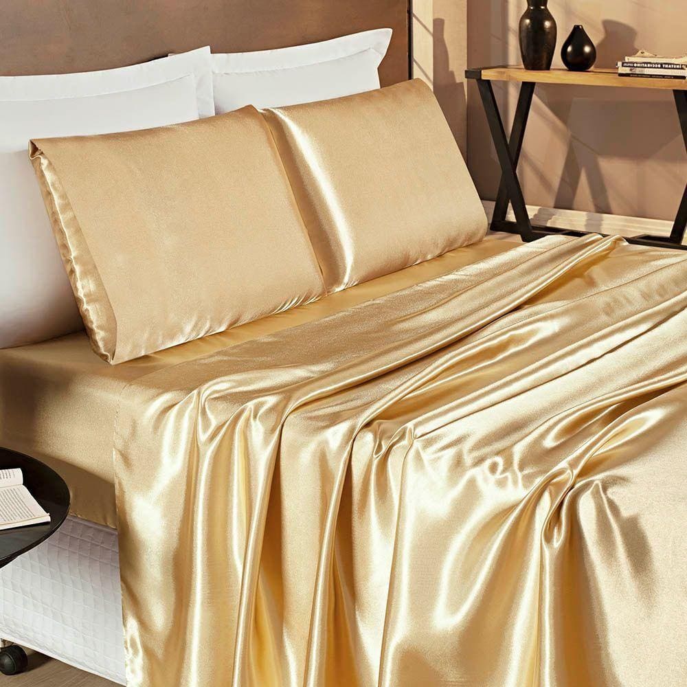 Jogo De Cama Lençol Romance Casal Queen 04 Peças Tecido Cetim Charmousse Brilhante - Dourado