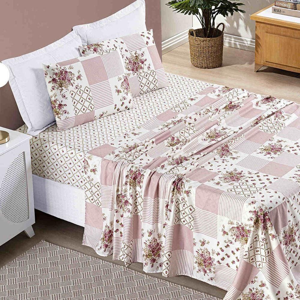 Jogo De Cama Lençol Solteiro 03 Peças Microfibra Estampada Ayla - Rosa Floral Mature