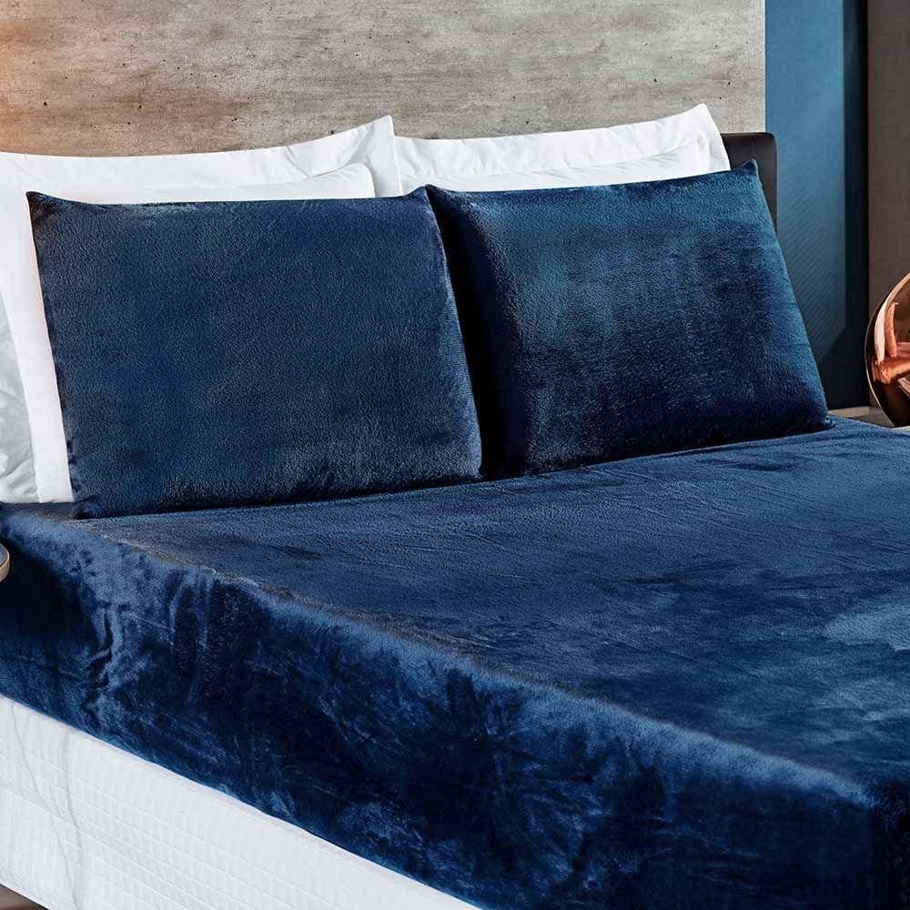 Jogo De Cama Lençol Biasoft Casal Queen Manta Flannel Toque Extra Macio 03 Peças - Azul Marinho