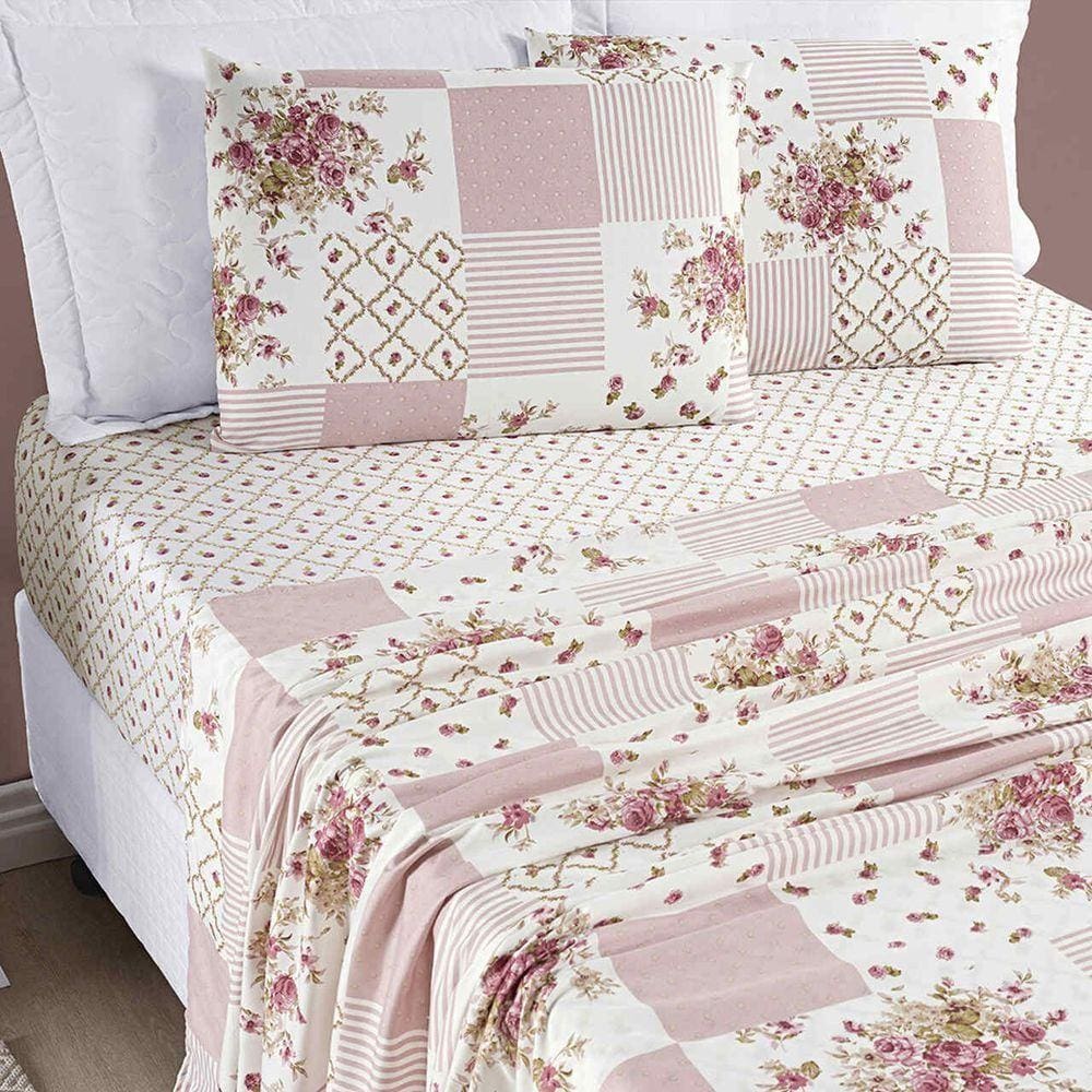 Jogo De Cama Lençol Casal Padrão 04 Peças Microfibra Estampada Ayla - Rosa Floral Matura