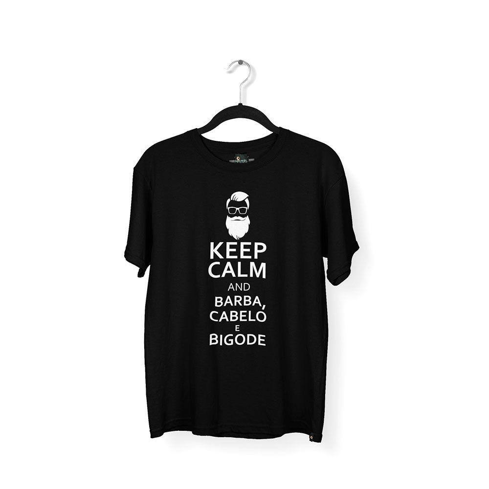 Camiseta Masculina Keep Calm Barba Cabelo e Bigode Preta