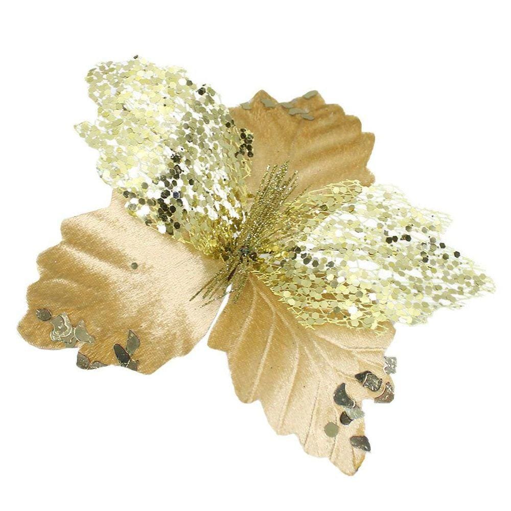 Kit 6 Flor De Natal Dourada Artificial Com Brilho 19cm