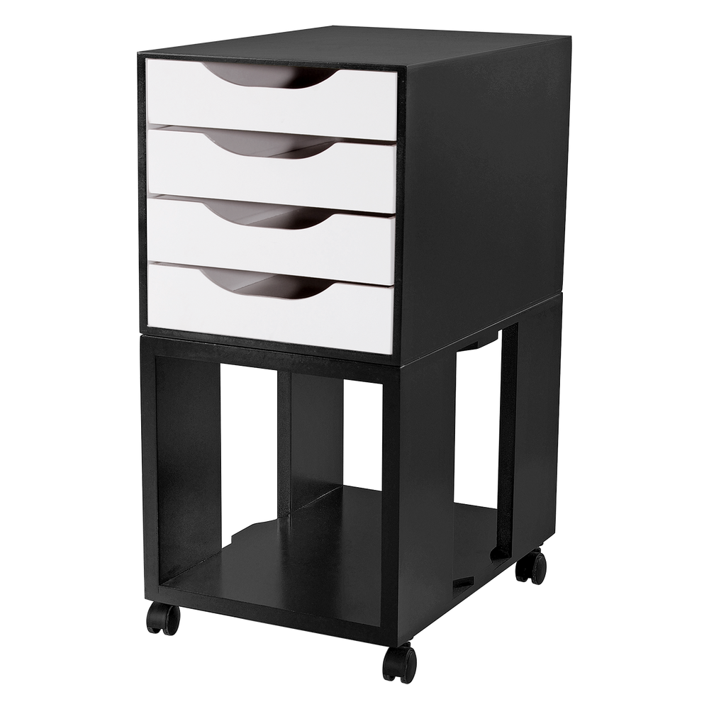 Organizado de Escritório Gaveteiro Easy Box MDF 4 Gavetas com Rodízios Preto Black Piano / Branco