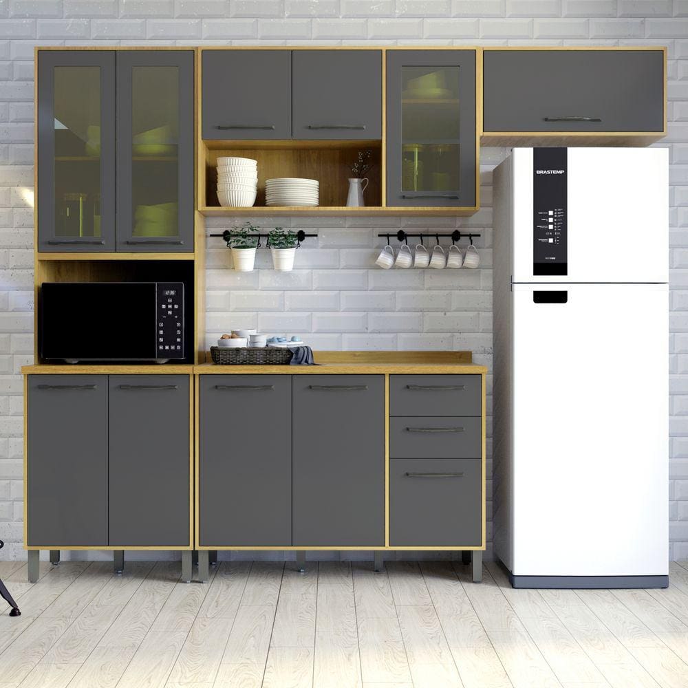 Cozinha Compacta 4 Peças Detalhe Vidro Áustria Valdemóveis Cinamomo/Grafite