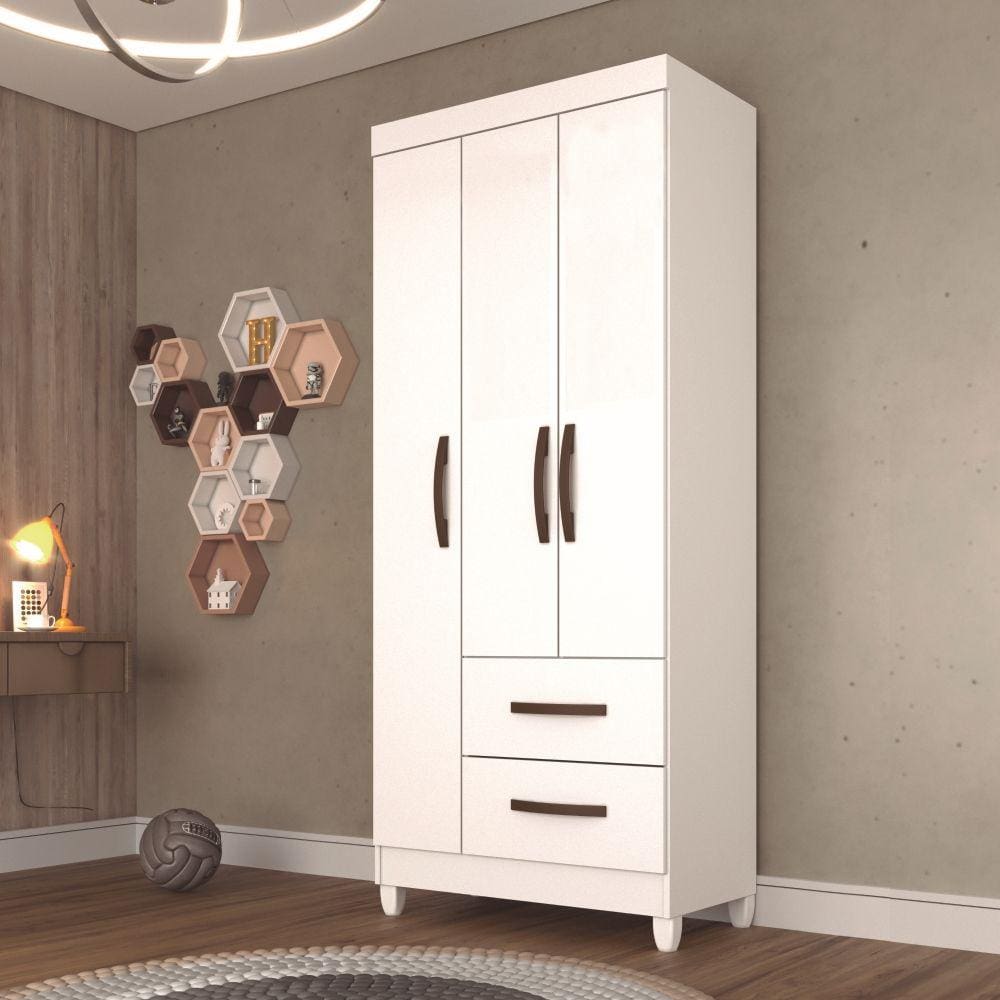 Guarda Roupa Solteiro 3 Portas 2 Gavetas Estrela Sallêto Móveis - Branco
