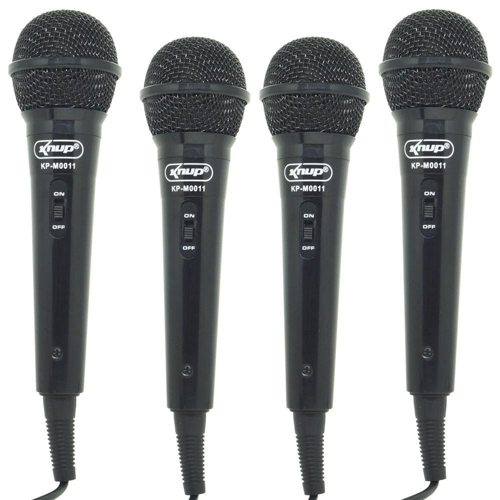 Kit 4 Microfones Dinâmico c/ Fio P10 P2 Cabo 2,8 Metros Karaokê e Caixa de Som Knup KP-M0011 Preto