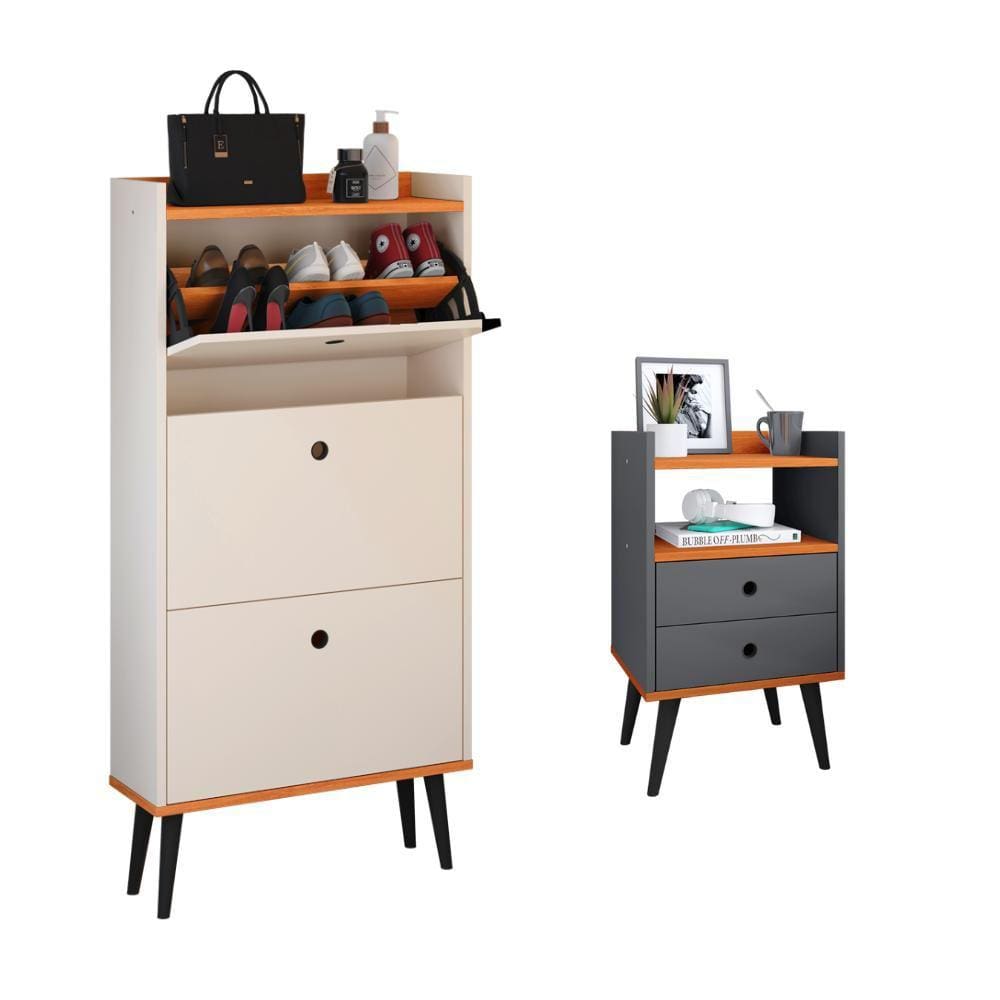 Kit Quarto Sapateira Vertical 3 Gavetas Basculantes Dark Off White/Cinamomo e Mesinha Lateral Pequena Nicho Organizador Dream Cinza/Cinamomo – RPM