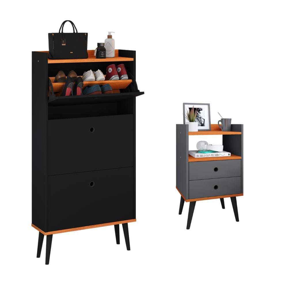 Kit Quarto Sapateira Vertical 3 Gavetas Basculantes Dark Preto/Cinamomo e Mesinha Lateral Pequena com Nicho Organizador Dream Cinza/Cinamomo – RPM
