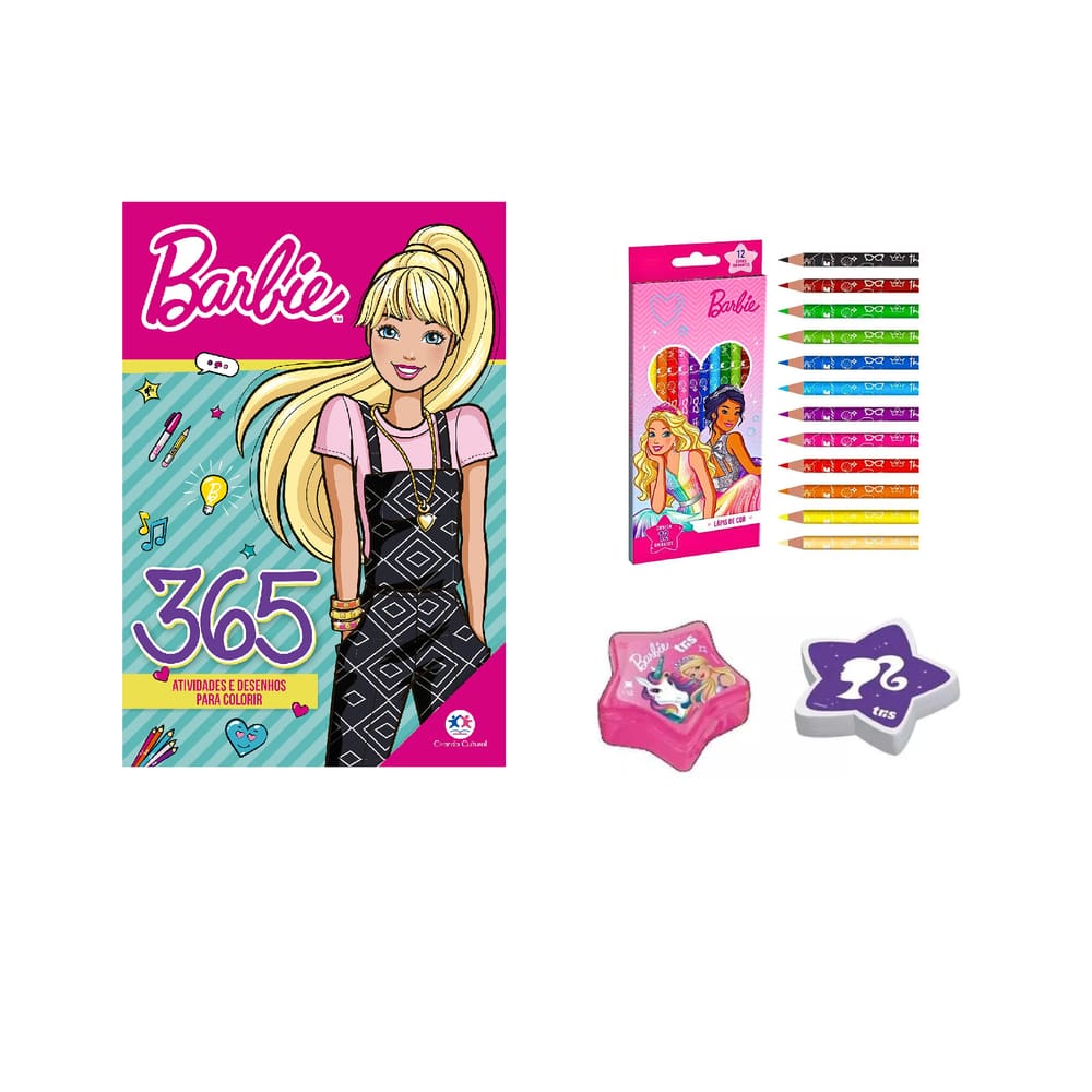 KIT Livro 365 Ativ. Barbie Lapis de Cor Apontador e Borracha