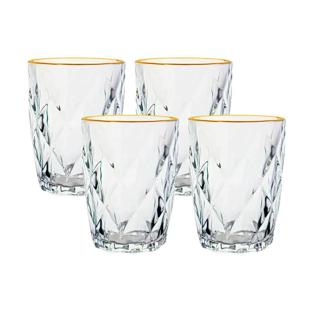 Jogo de Copos de Vidro Diamond Fio de Ouro 270ml 4 peças - Lyor