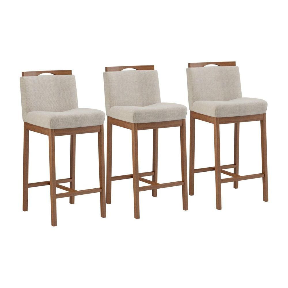 Conjunto 3 Banquetas Madeira Maciça Dani Nogueira Tec Linho