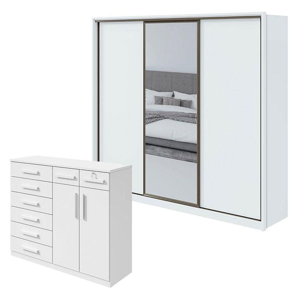Guarda Roupa Spazio 270 com Espelho e Cômoda Toronto Branco Brilho - Lopas