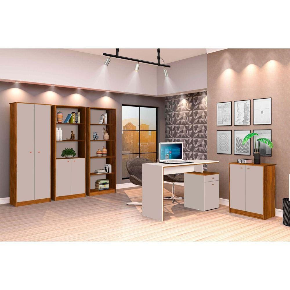 Conjunto 3 Armários Organizador e 1 Mesa Escrivaninha Office 1 Balcão Escritório OffWhite com Freijó - Rede Móveis