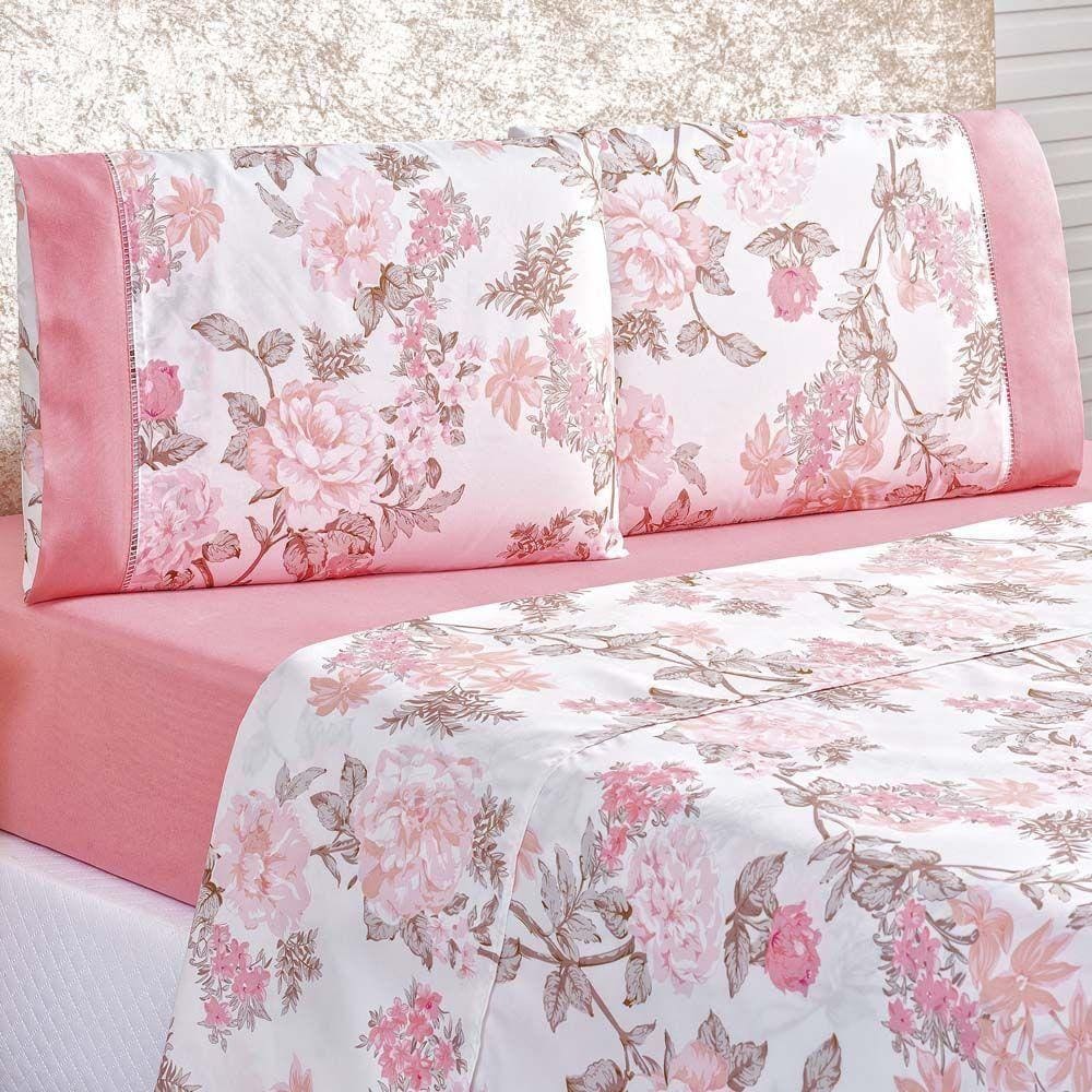 Jogo De Cama Lençol Real Casal Padrão Micro Percal 200 Fios 04 Peças Rosa Floral Serene