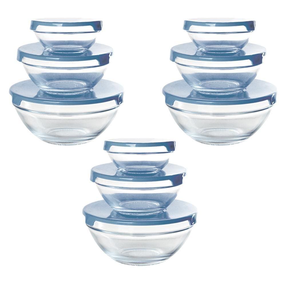 Conjunto 9 Potes Tigela Vidro Tampa Azul Class Home