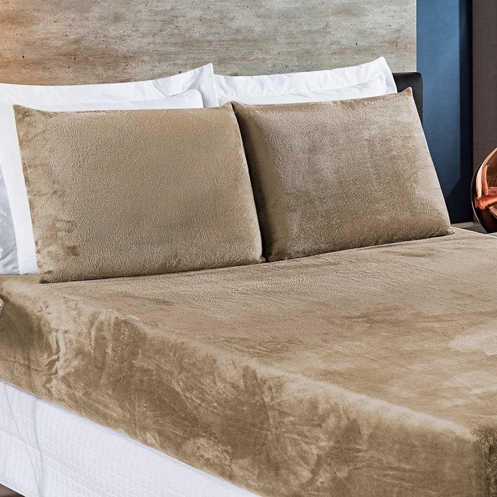 Jogo De Cama Lençol Biasoft Solteiro Manta Flannel Toque Extra Macio 02 Peças - Cáqui