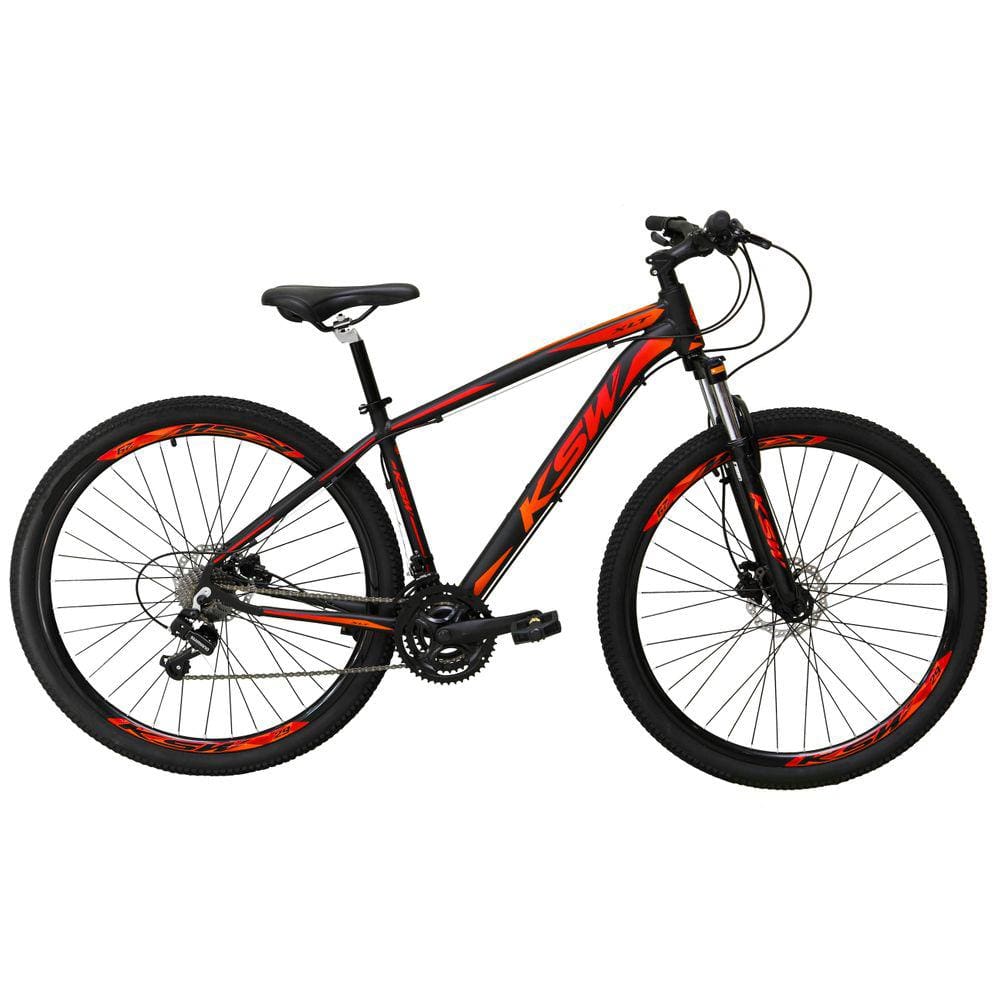 Bicicleta Aro 29 Ksw Xlt Alumínio 24v Câmbios Shimano Garfo com Trava no Ombro - Preto\\Vermelho\\Laranja