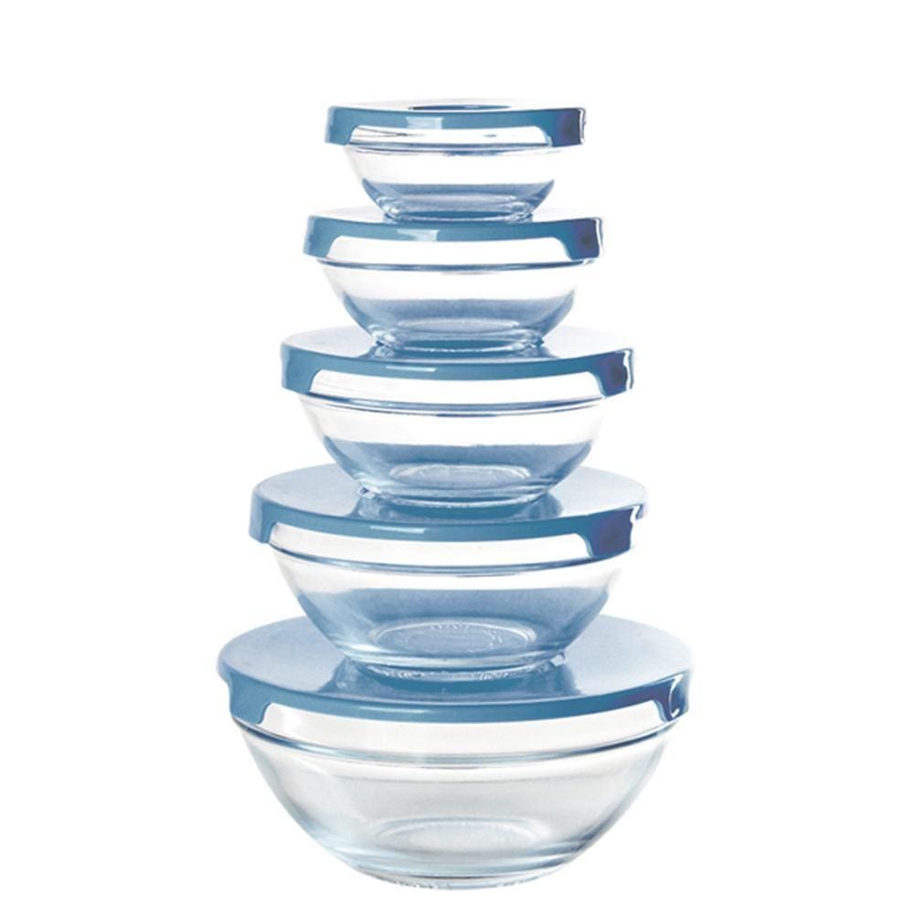 Conjunto 5 Potes Tigela Vidro Tampa Azul Class Home