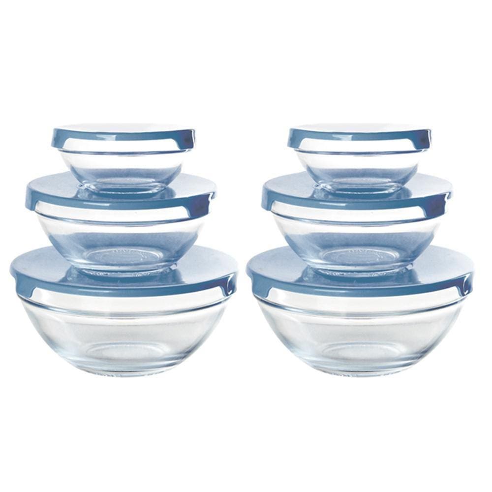 Conjunto 6 Potes Tigela Vidro Tampa Azul Class Home
