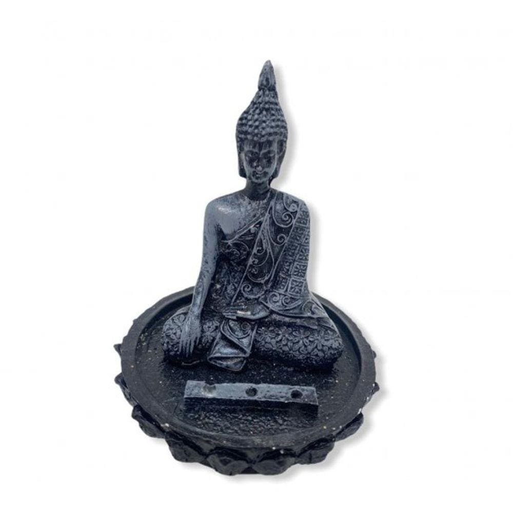 Imagem Buda Preto Incensário Resina Estatua 11 cm