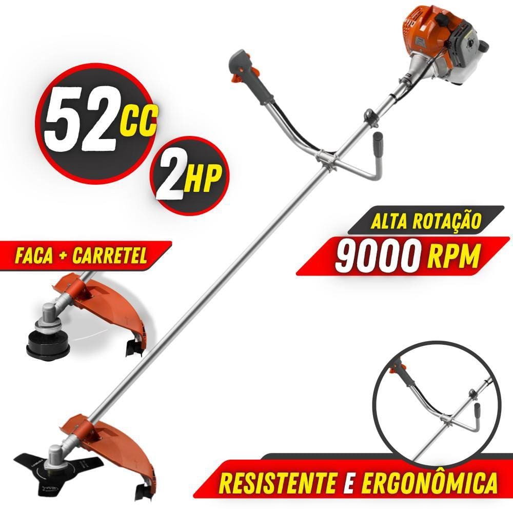 Roçadeira Profissional Á Gasolina Tekna RL520ACN-TK 2T 52 Cilindradas Alta Potência 2HP Alta Rotação 9000rpm Com Cabeçote Fio Nylon e Lâmina 3 Pontas