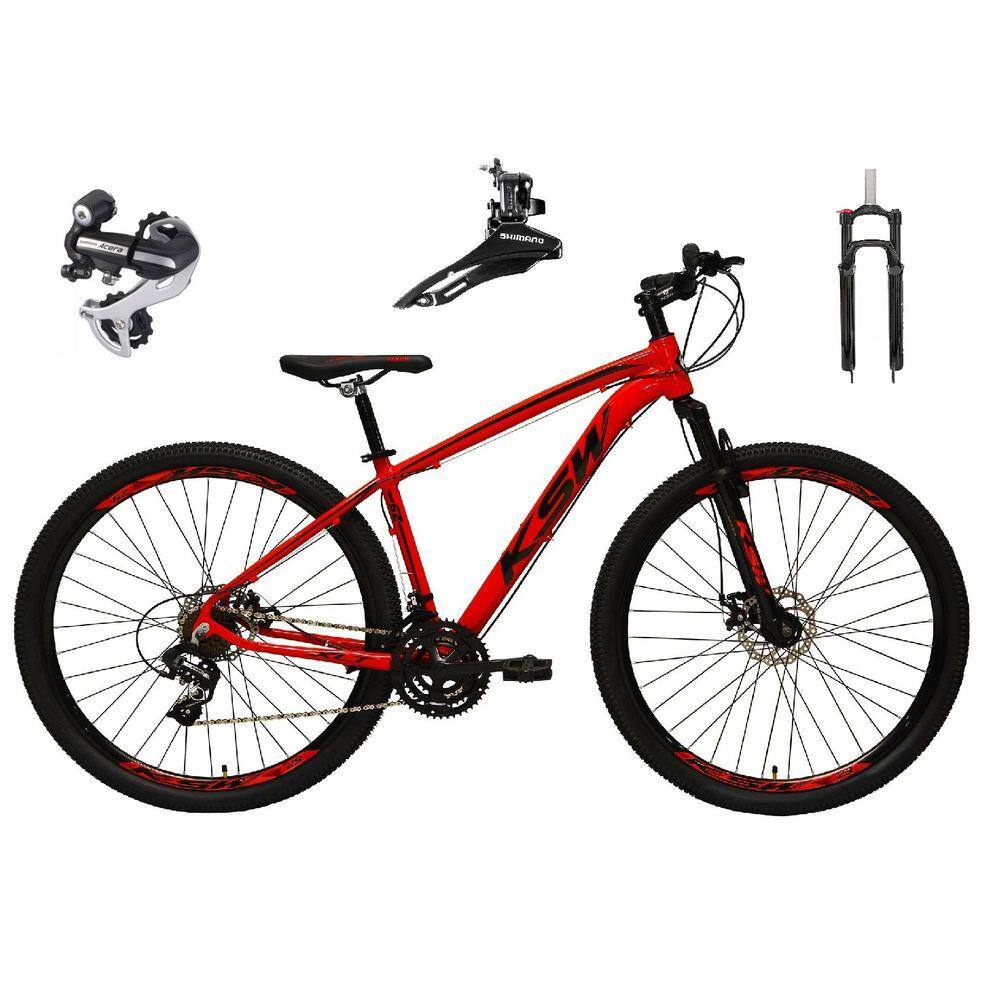 Bicicleta Aro 29 Ksw Xlt 24v Câmbio Tras. Shimano Acera K7 Garfo Trava Freio a Disco - Vermelho