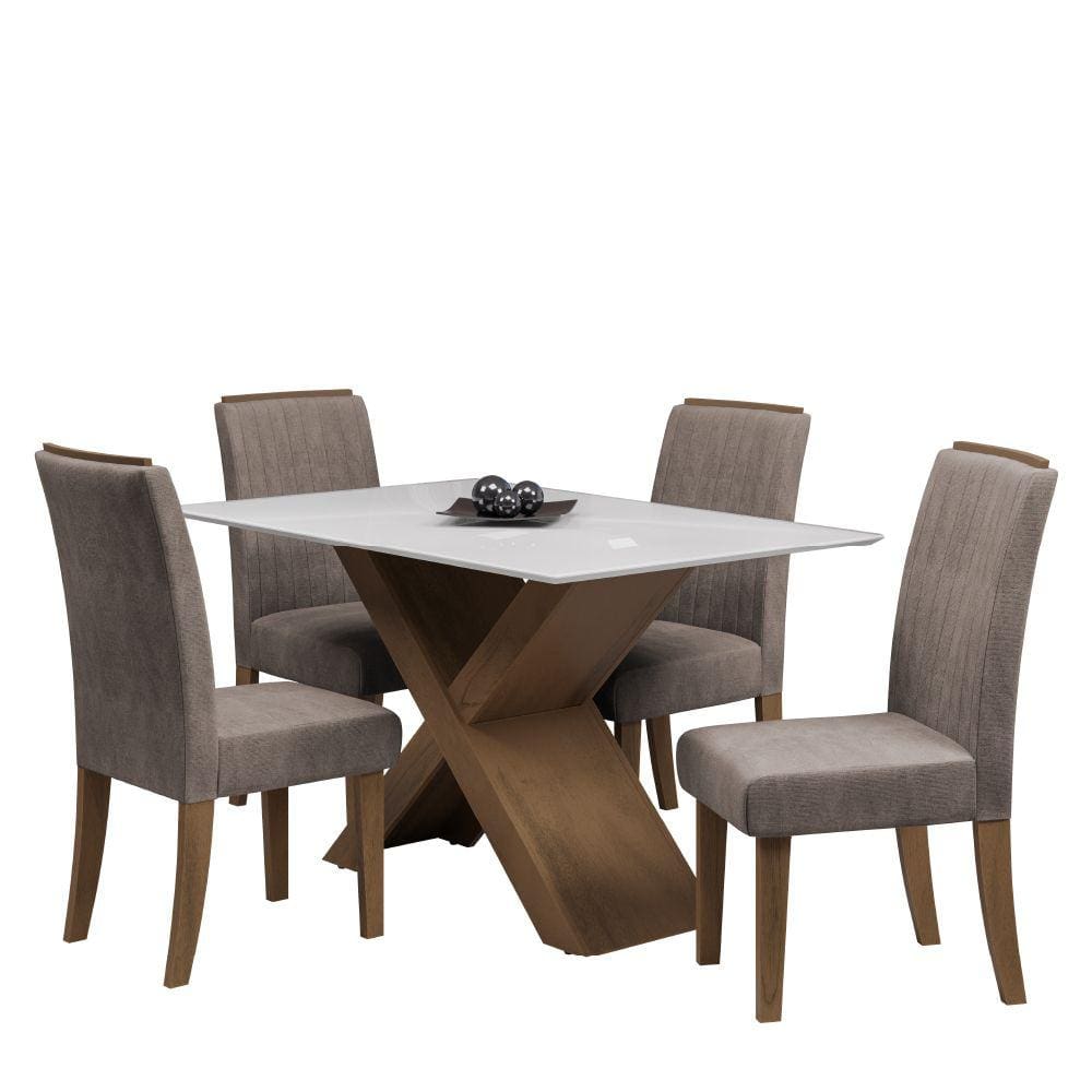Conjunto de Mesa Sala de Jantar Tampo Com Vidro Grécia 4 Cadeiras Off White/Mascavo/Cedro 1,36m Dobuê