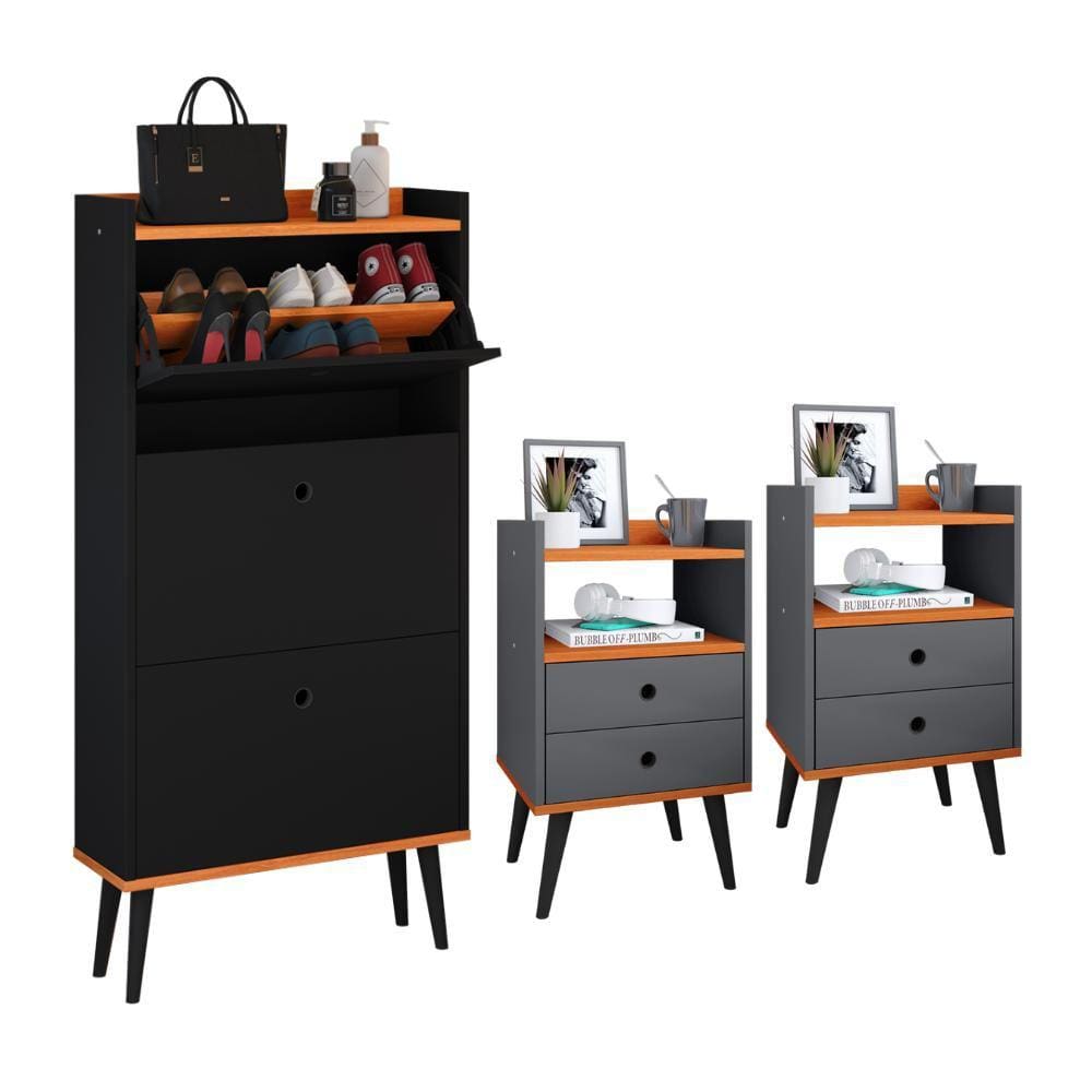 Kit Sapateira Vertical 3 Gavetas Basculantes Dark Preto/Cinamomo e 2 Mesinhas Canto Quarto Nicho Decorativo Dream Cinza/Cinamomo RPM