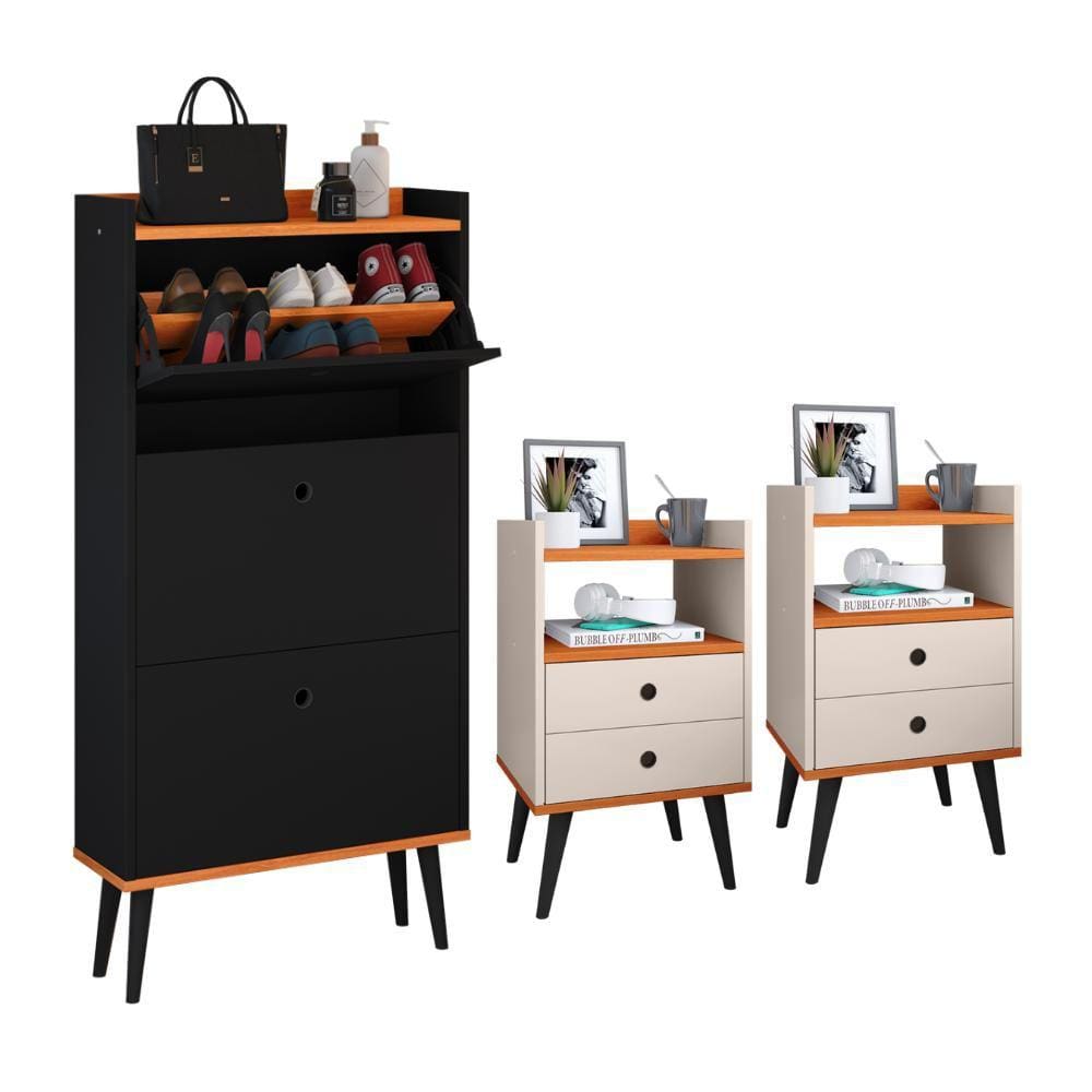 Kit Sapateira Vertical 3 Gavetas Basculantes Dark Preto/Cinamomo e 2 Mesinhas Canto Quarto Nicho Decorativo Dream Off White /Cinamomo RPM