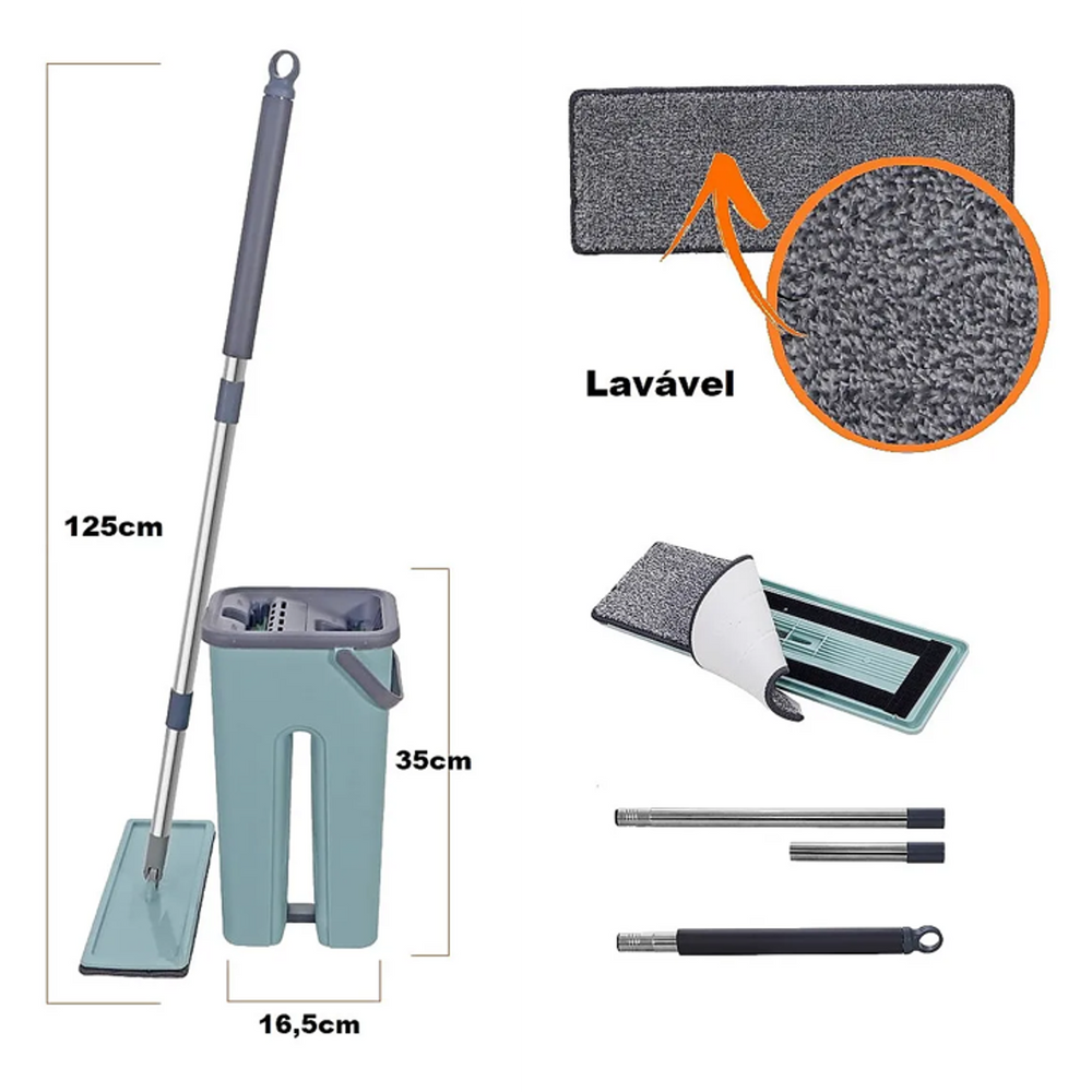 Rodo Mop Flat E Balde Para Limpeza De Piso + 1 Refil