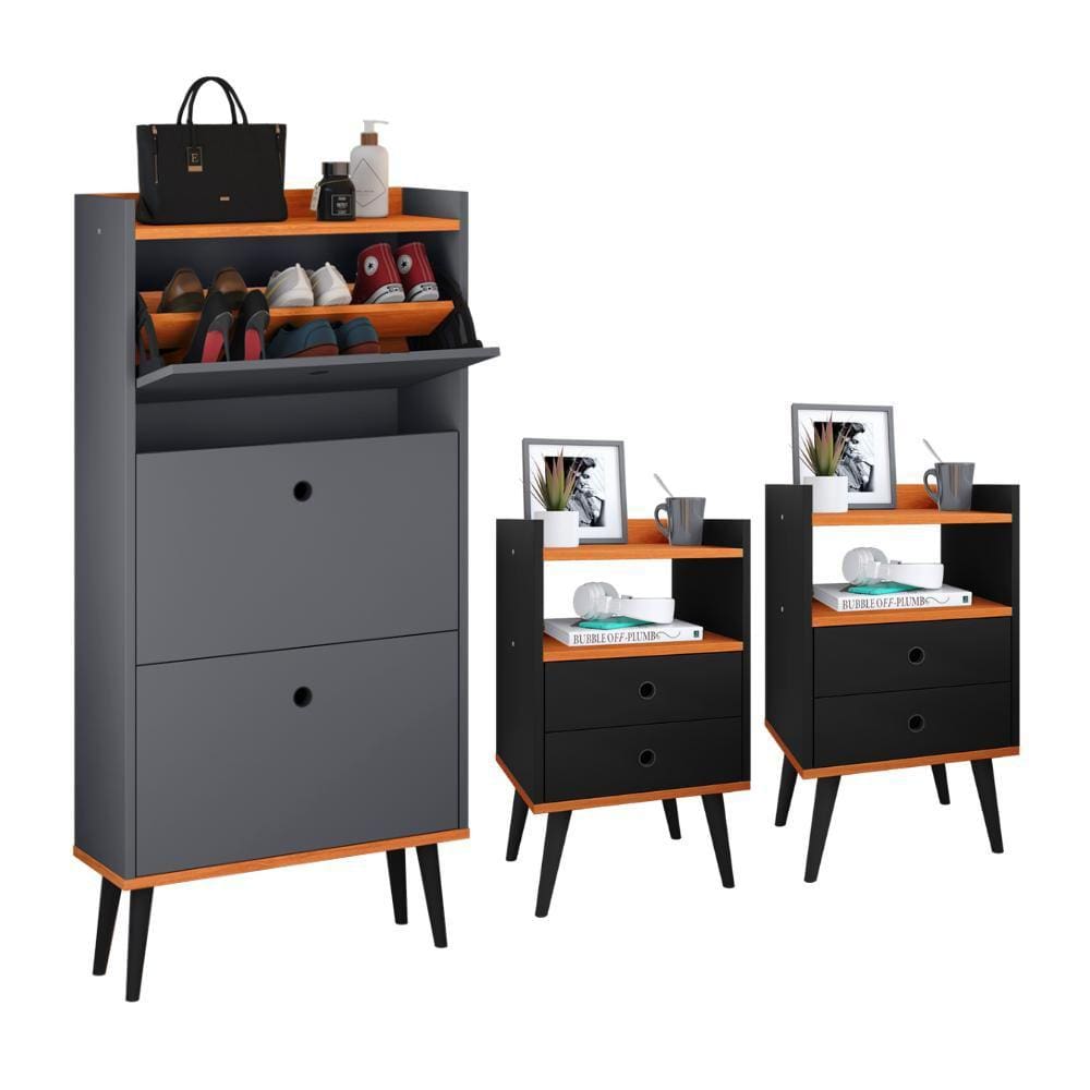 Kit Sapateira Vertical 3 Gavetas Basculantes Dark Cinza/Cinamomo e 2 Mesinhas Canto Quarto Nicho Decorativo Dream Preto/Cinamomo RPM