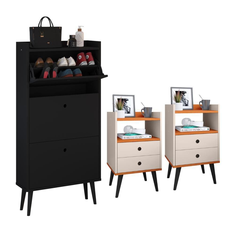 Kit Sapateira Vertical 3 Gavetas Basculantes Dark Preto e 2 Mesinhas Canto Quarto Nicho Decorativo Dream Off White/Cinamomo RPM