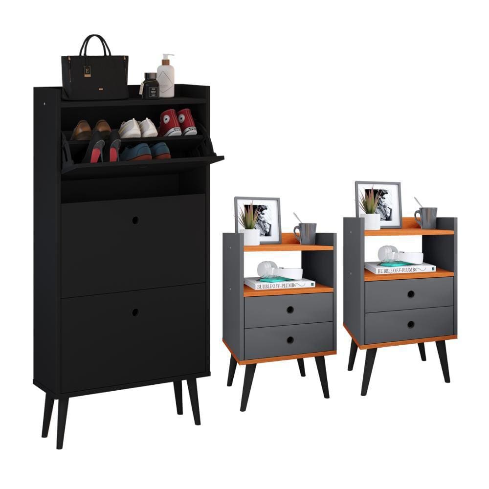 Kit Sapateira Vertical 3 Gavetas Basculantes Dark Preto e 2 Mesinhas Canto Quarto Nicho Decorativo Dream Cinza/Cinamomo RPM