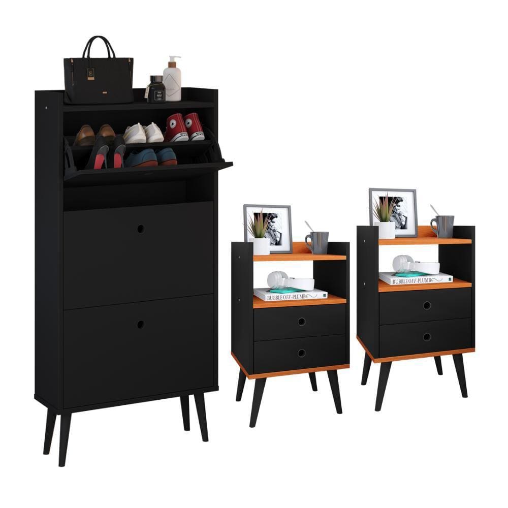 Kit Sapateira Vertical 3 Gavetas Basculantes Dark Preto e 2 Mesinhas Canto Quarto Nicho Decorativo Dream Preto/Cinamomo RPM
