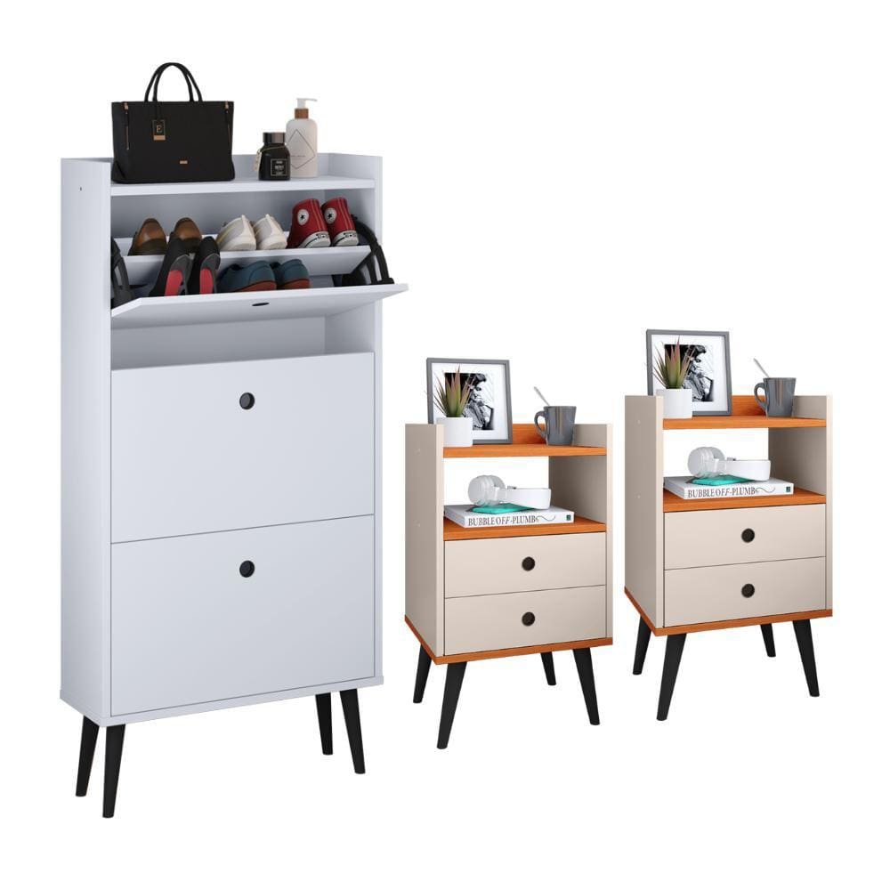 Kit Sapateira Vertical 3 Gavetas Basculantes Dark Branco e 2 Mesinhas Canto Quarto Nicho Decorativo Dream Off White/Cinamomo RPM
