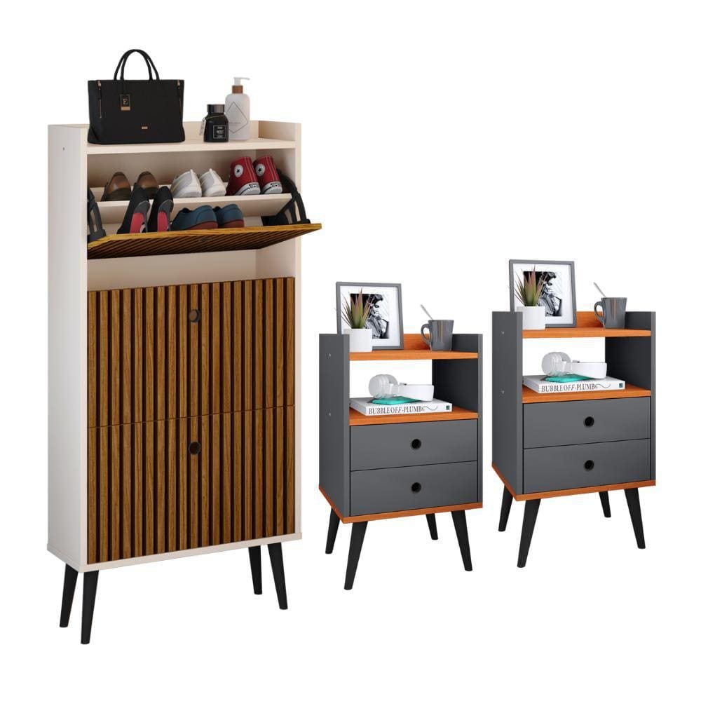 Kit Sapateira Vertical 3 Gavetas Basculantes Dark Off White/Ripado e 2 Mesinhas Canto Quarto Nicho Decorativo Dream Cinza/Cinamomo RPM