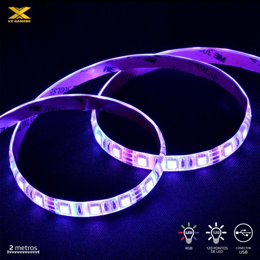 Fita de LED VX Gaming RGB com Controlador Conexao USB 120 Pontos de LED2 Metros - LRU2