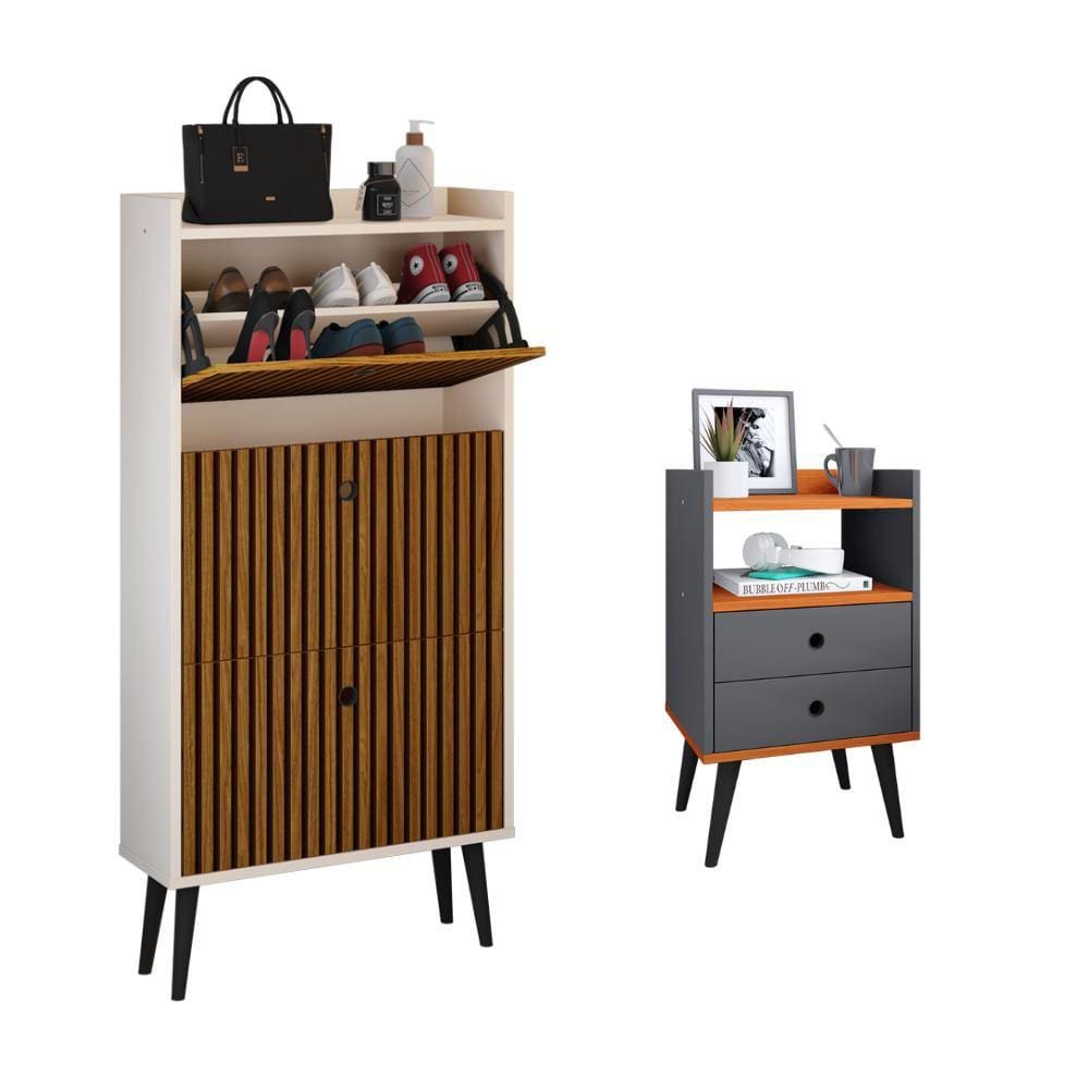 Kit Quarto Sapateira Vertical 3 Gavetas Basculantes Dark Off White/Ripado e Mesinha Lateral Pequena Nicho Organizador Dream Cinza/Cinamomo – RPM