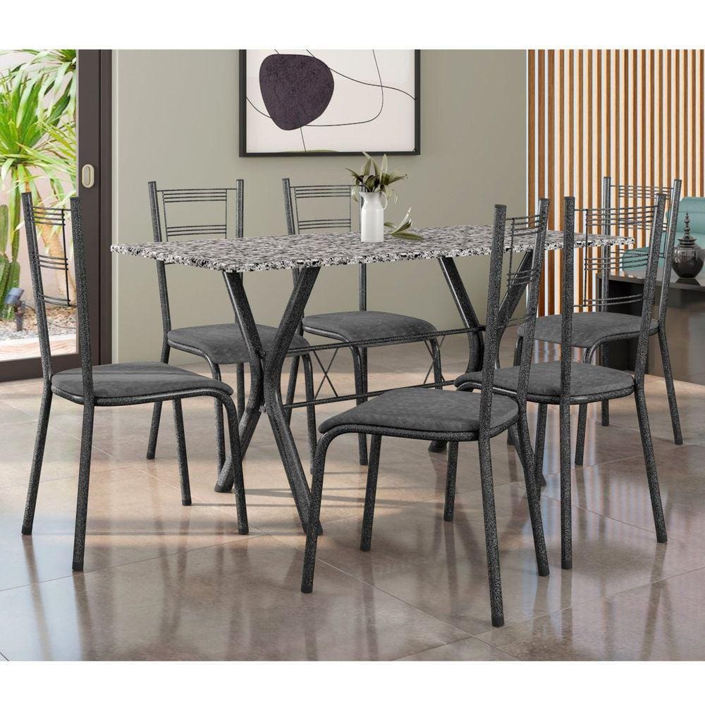 Conjunto Mesa Miami 150cm Granito 6 Cadeiras Santiago Assento Courino Preto/Prata/Trançado Cinza