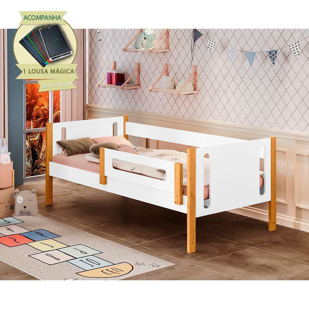 Cama Babá Infantil Mirela Branco/amêndoa com Grade de Proteção Incluso Lousa Mágica