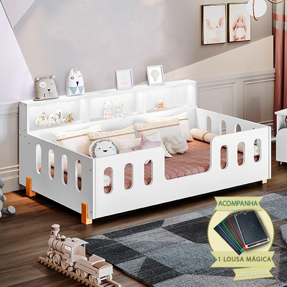 Cama de Criança Infantil Montessoriana Led Nina com Nicho - Branco Incluso Lousa Mágica