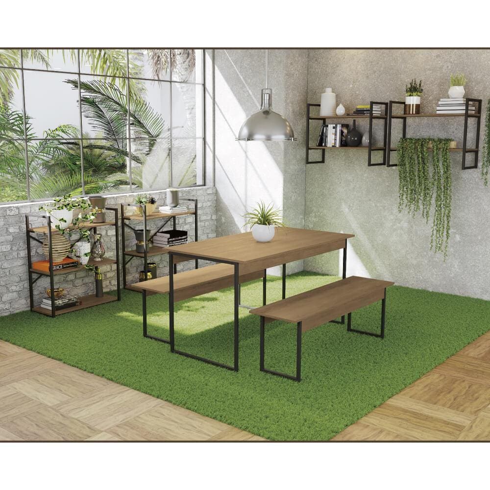 Kit Sala de Jantar Industrial com Mesa/Bancos/Nichos/Estantes - Freijó/Preto