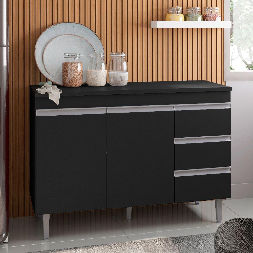 Balcão para Cozinha 120cm Andréia 2 Portas 3 Gavetas sem Tampo Cor Preto - AJL