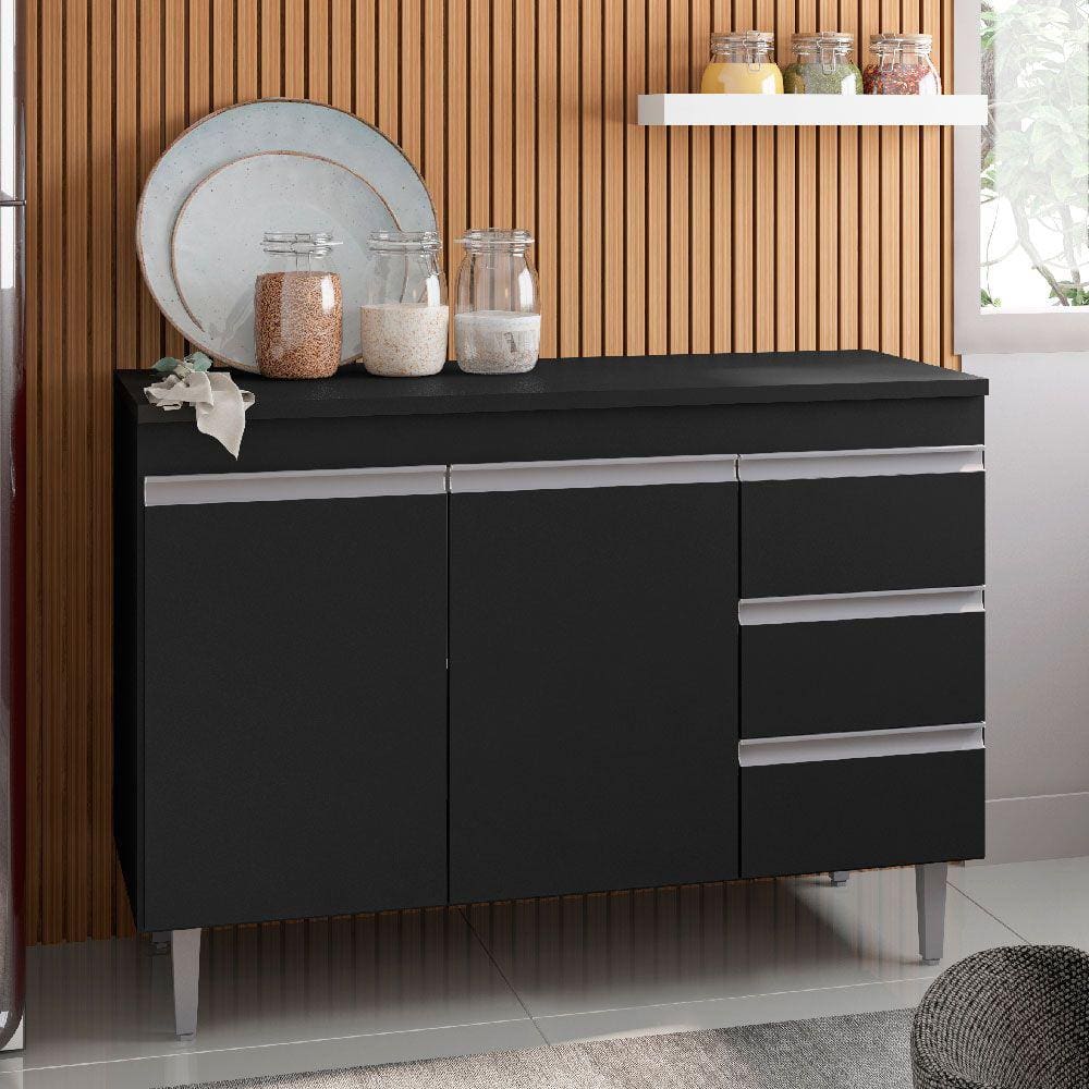 Balcão para Cozinha 100cm Andréia 2 Portas 3 Gavetas sem Tampo Cor Preto - AJL