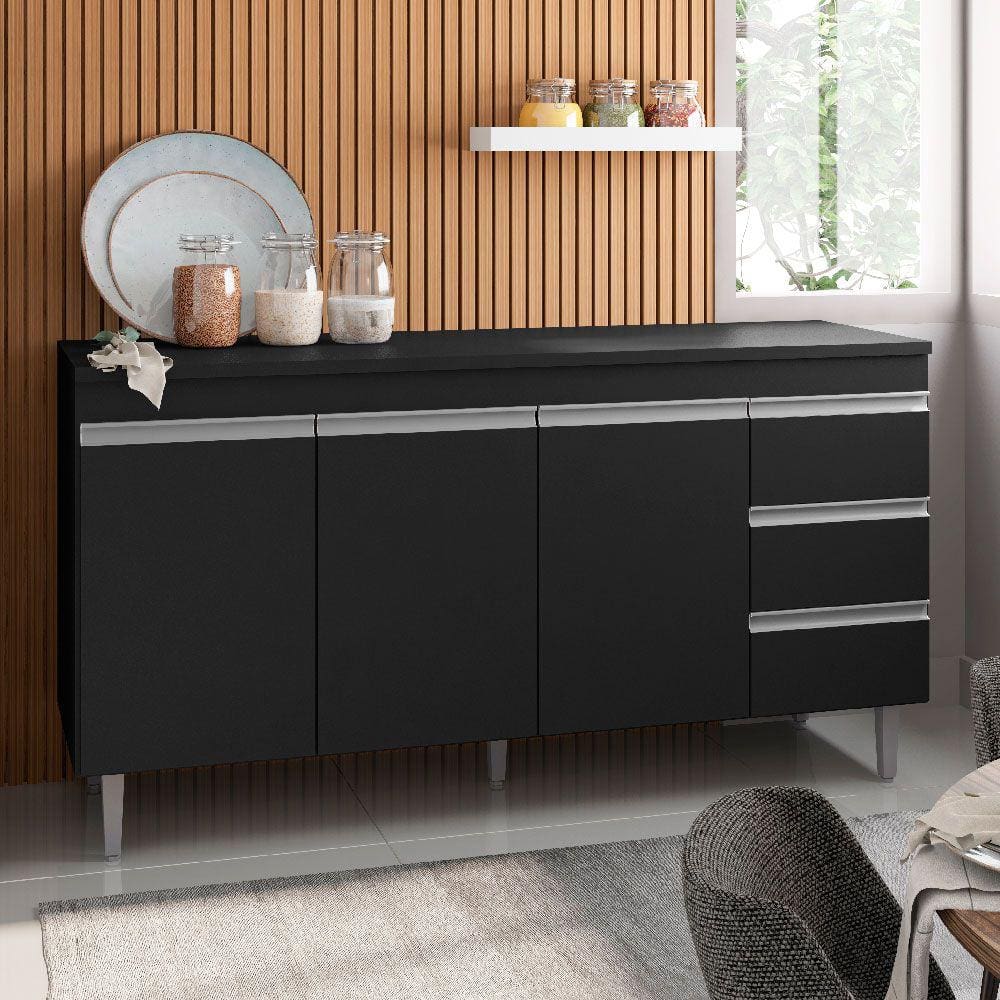 Balcão para Cozinha 150cm Andréia 3 Portas 3 Gavetas sem Tampo Cor Preto - AJL