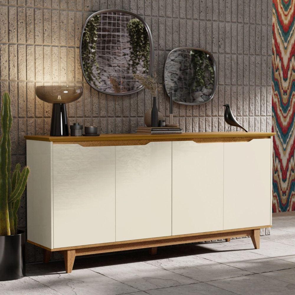 Buffet Aparador Retrô 4 Portas Pés em Madeira Flow EJ Móveis Off White/Freijó